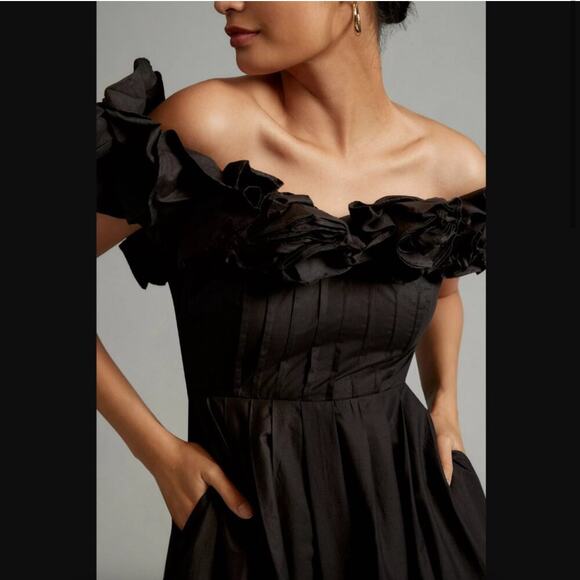 Maeve Ruffled Neckline Off Shoulder Pleated Corina Midi Dress Anthropologie - Picture 3 of 9